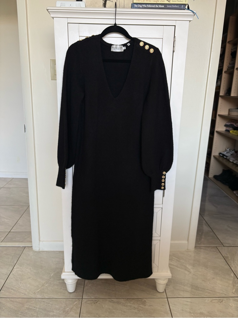 Holland Cooper black V-Neck Midi Dress with Gold Button Detail